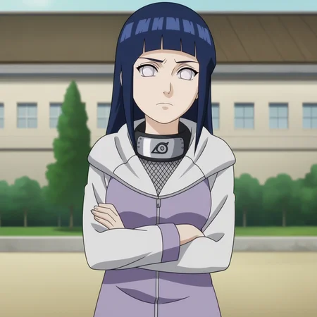 outdoors, 
 <lora:HinataSDXL:0.8>,
1girl, long hair, dark blue hair, blunt bangs, white eyes, no pupils, forehead protector, long sleeves, konohagakure symbol, hood down, looking at viewer, breasts,fishnets,upper body,solo,purple jacket,crossed arms, frown, 
anime screencap, anime coloring,