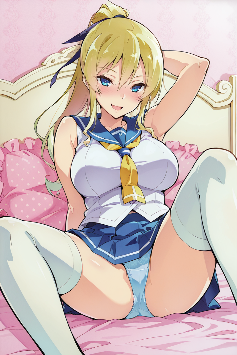 masterpiece , source_anime  , , 1girl, solo, thighhighs, breasts, skirt, large breasts, ponytail, blonde hair, blue eyes, pillow, long hair, hair ribbon, white thighhighs, school uniform, ribbon, , panties, pleated skirt, looking at viewer, serafuku, underwear, bed, smile, on bed, sleeveless, blue skirt, naughty face, bare shoulders, open mouth, sitting, spread legs, legs apart,  ,  , blush,  , hand behind head