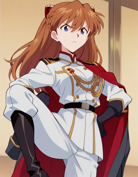 masterpiece, best quality, amazing quality,, <lora:asuka-langley-soryuu-classic-illustriousxl-lora-nochekaiser:1>, asuka langley soryu, long hair, bangs, blue eyes, brown hair, hair ornament, breasts, anime screencap, <lora:aristocratic-clothes-illustriousxl-lora-nochekaiser:1>, aristocratic clothes, aiguillette, belt, boots, coat, elbow gloves, floral print, gloves, gold trim, jacket, knee boots, military coat, military jacket, military uniform, pants, shoulder boards, two-sided coat, two-sided fabric, vest, <lora:kung-fu-illustriousxl-lora-nochekaiser:1>, kung fu, martial arts, training, fighting stance, cowboy shot, leg up, tsundere, , , ,