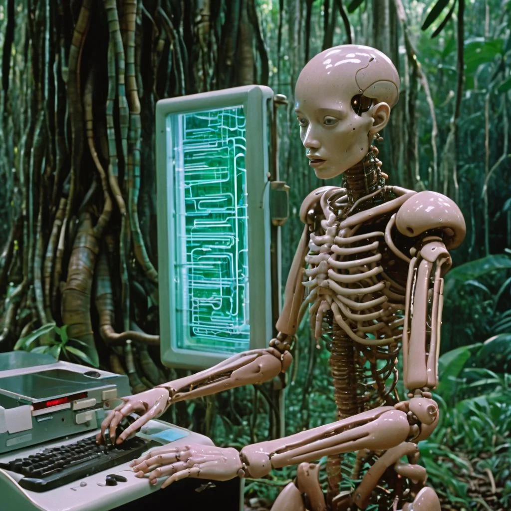 a cinematic still color photograph, from the dream of an android-human-replica, who working tirelessly ,creates a machine that makes copies of human dreams, bio-computer configured with biologically plausible biogenic circuits, brazilian tropicalia retrofuturism,
cursed image