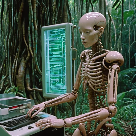 a cinematic still color photograph, from the dream of an android-human-replica, who working tirelessly ,creates a machine that makes copies of human dreams, bio-computer configured with biologically plausible biogenic circuits, brazilian tropicalia retrofuturism,
cursed image