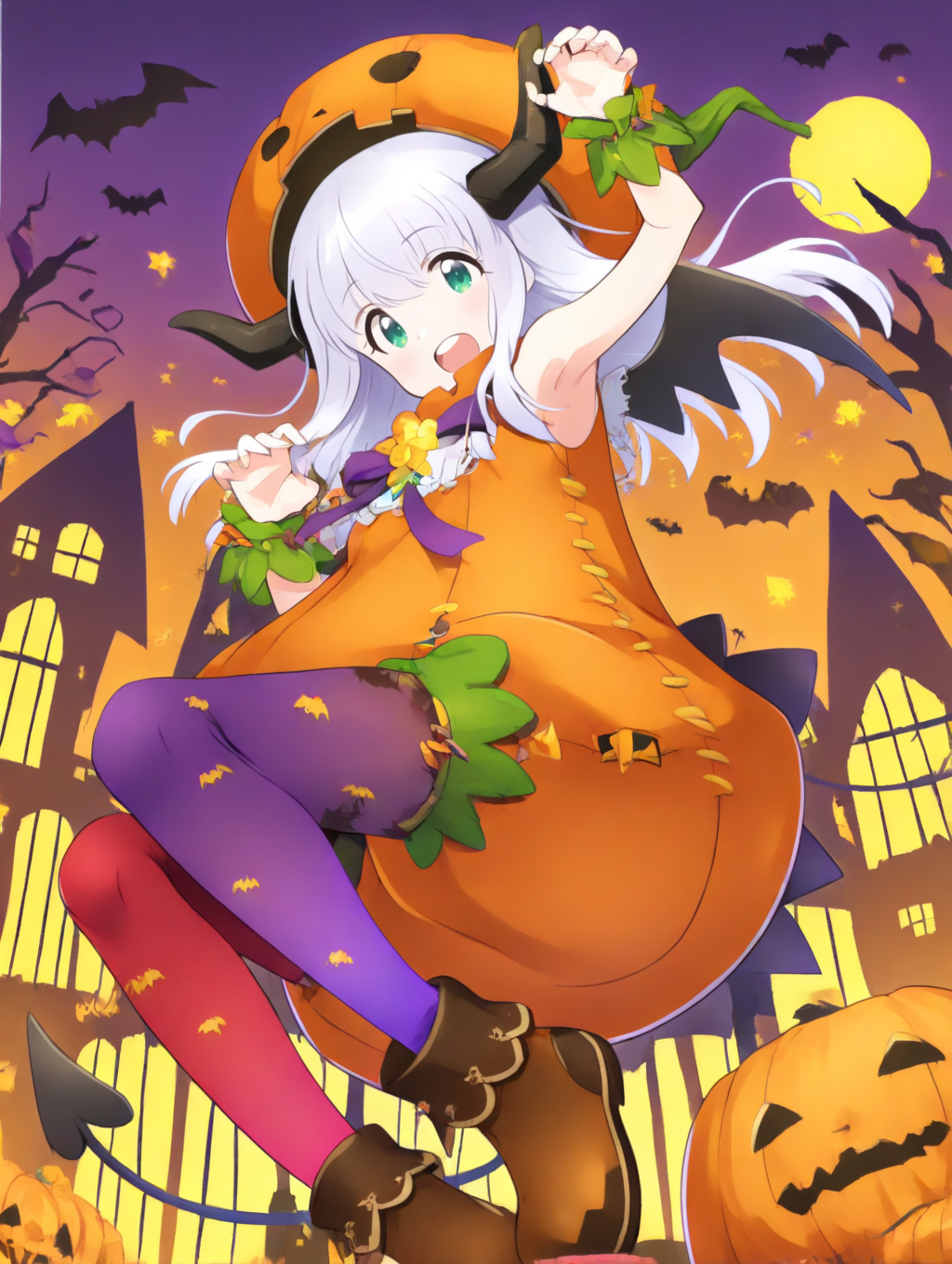 perfect quality,best quality,absolutely eye-catching,ambient occlusion,raytracing BREAK
1girl,<lora:riria kabotya IL v1.1:1>,kabotya,white hair,green eyes,long hair,horns,halloween,halloween costume,pumpkin,hat,sleeveless,wrist cuffs,wings,ribbon,demon tail,red legwear,purple legwear,shoes,print legwear,, from below,medium_shot,on_side,fingers_together,arm_up,sitting_backwards,