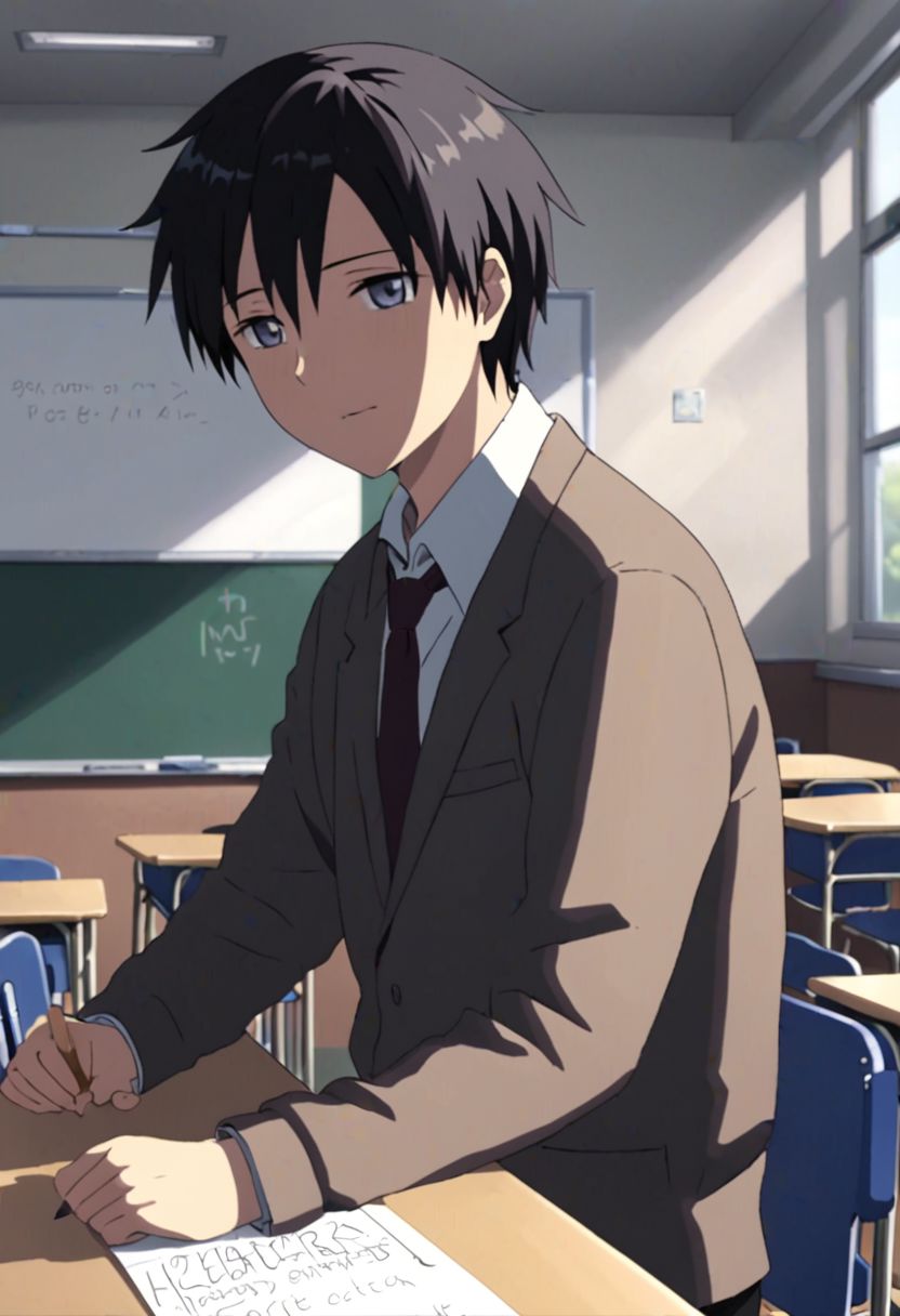 Highres, Masterpiece, High Quality, 4K, 8K, solo, 1Boy, Takaki Toono, adult, black hair, short hair, classroom, desk chairs, whiteboard, screen, sitting, school, school uniform, easynegative, detailed_eye_model