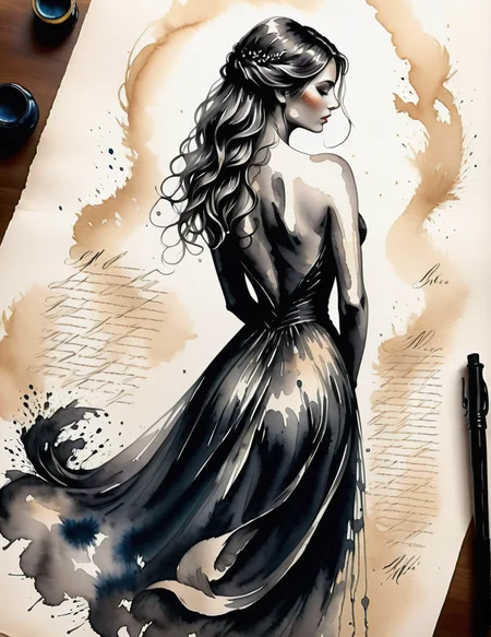 a body study of a beautiful woman, from behind, curved back, gossamer gown<lora:SDXLInkStainsFinal:1> Inkstains, high quality, beautiful, highly detailed, 8k, unfinished black ink