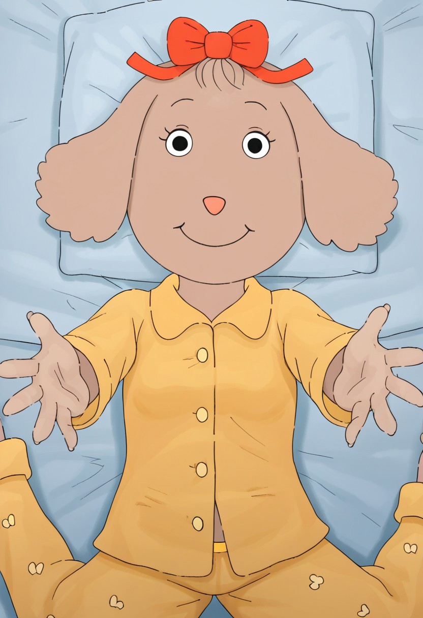 source_cartoon, Fern Walters, solo, 1girl, anthropomorphic dog, animal ears, tannish grey fur. red bow on her head,
Pajamas, lying  on back, lying on bed, overhead view, reaching arms to viewer, pov hug, smile,