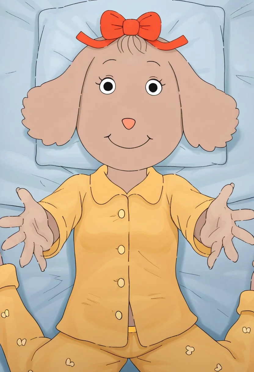 source_cartoon, Fern Walters, solo, 1girl, anthropomorphic dog, animal ears, tannish grey fur. red bow on her head,
Pajamas, lying on back, lying on bed, overhead view, reaching arms to viewer, pov hug, smile,