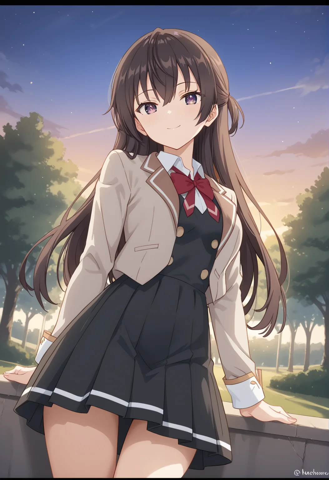 score_9, score_8_up, score_7_up, source_anime, masterpiece, best quality, highly detailed background, cinematic lighting, detailed eyes, detailed pupils, perfect face, Yuki Suou, unique outfit, looking at viewer, cute, dutch tilt, cinematic, standing, smile, low angle, legs, portrait, park, trees, lights, light posts, sunset, warm light,
<lora:Yuki_Suou_Pony:0.8>