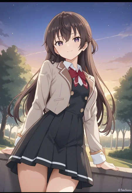 score_9, score_8_up, score_7_up, source_anime, masterpiece, best quality, highly detailed background, cinematic lighting, detailed eyes, detailed pupils, perfect face, Yuki Suou, unique outfit, looking at viewer, cute, dutch tilt, cinematic, standing, smile, low angle, legs, portrait, park, trees, lights, light posts, sunset, warm light,
<lora:Yuki_Suou_Pony:0.8>