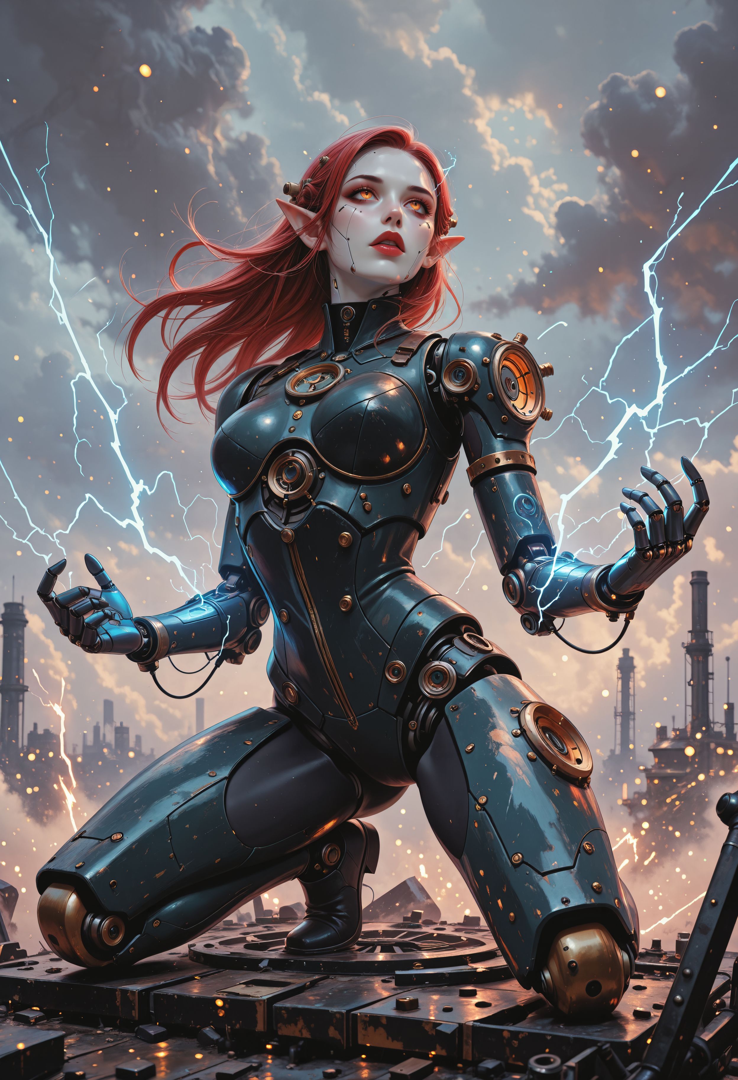 masterpiece, best_quality, reij-rt style.
female android, reaslisitc_body, on one knee, looking up, steampunk, mechanical joints, body_armor, white skin, pointy ears, sensual lips, parted lips, detailed_eyes, electricity swirling around arms and legs, black storm clouds.
HDR, absurdres, ultra-detailed, highly_aesthetic,
<lora:reij-rt:0.9>   <lora:StyleA:0.8> in the style of Jeda,vibrant colors,
