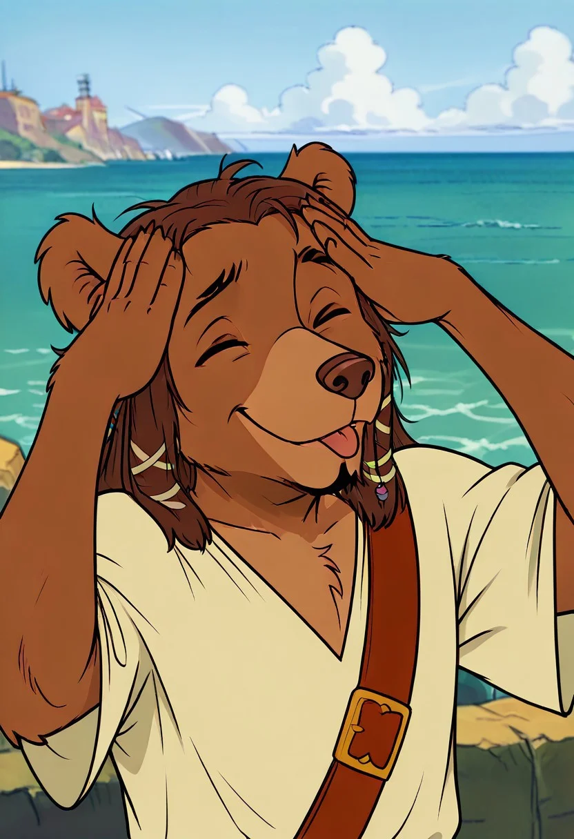 masterpiece, best quality, amazing quality, very aesthetic, high resolution, solo, male
Captain_Jack_Sparrow, AhEtoBlehMeme, closed eyes, tongue out, :p, hands on own head, smile, outdoor, sea, grizzly bear, anthro, furry, littlebear, adult
<lora:AhEtoBlehMeme_illusXLNoobAI_Incrs_v1:0.9>
<lora:Captain_Jack_Sparrow_il:0.9>