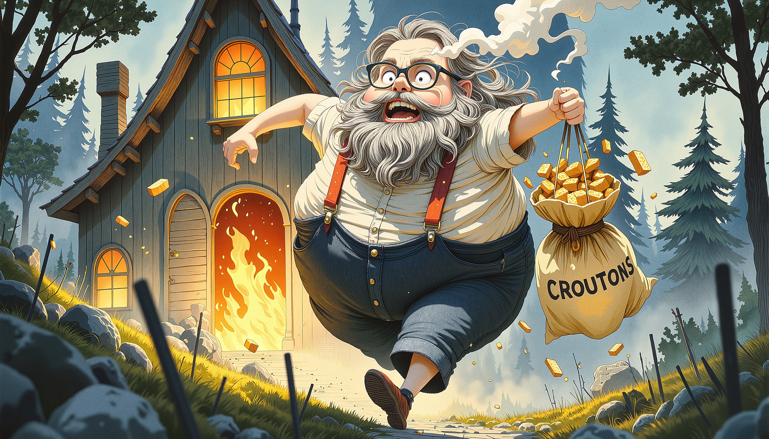 A portly, bearded character with thick glasses sprinting frantically from a blazing wooden hideaway, rendered in a whimsical, storybook illustration style reminiscent of Quentin Blake and Maurice Sendak. The scene features bright, watercolor washes with bold ink outlines, capturing the man's alarmed expression as he runs with arms outstretched, his red suspenders straining over his round belly. His wild beard flows behind him like a flag, while his glasses sit askew on his flushed face. He clutches a bulging paper bag labeled "CROUTONS" that's spilling tiny golden squares into the air. The burning hideout behind him has exaggerated, friendly-looking flames in orange and yellow, with comically large plumes of smoke shaped like puffy clouds. The overall composition has a sense of humorous urgency rather than danger, with a low camera angle to emphasize the character's determined escape. Scattered pine trees and a bright blue sky frame the scene, creating a cheerful contrast to the silly predicament, perfect for engaging young readers with its mixture of adventure and humor.