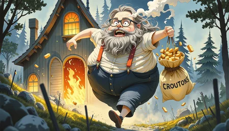 A portly, bearded character with thick glasses sprinting frantically from a blazing wooden hideaway, rendered in a whimsical, storybook illustration style reminiscent of Quentin Blake and Maurice Sendak. The scene features bright, watercolor washes with bold ink outlines, capturing the man's alarmed expression as he runs with arms outstretched, his red suspenders straining over his round belly. His wild beard flows behind him like a flag, while his glasses sit askew on his flushed face. He clutches a bulging paper bag labeled "CROUTONS" that's spilling tiny golden squares into the air. The burning hideout behind him has exaggerated, friendly-looking flames in orange and yellow, with comically large plumes of smoke shaped like puffy clouds. The overall composition has a sense of humorous urgency rather than danger, with a low camera angle to emphasize the character's determined escape. Scattered pine trees and a bright blue sky frame the scene, creating a cheerful contrast to the silly predicament, perfect for engaging young readers with its mixture of adventure and humor.