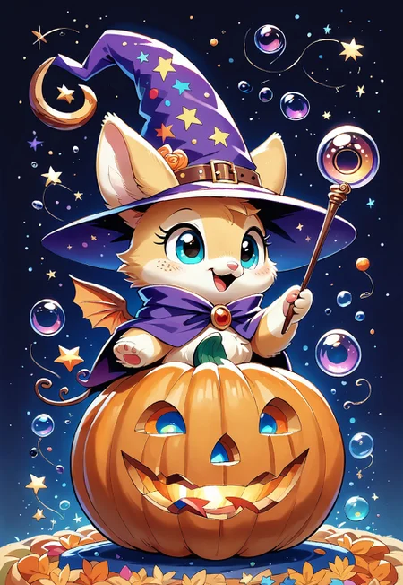 score_9, score_8_up, score_7_up, score_6_up, absurd res:1.1, solo focus, wizard hat, adorable quoll wearing a wizard hat and robes, golden fur,  illustration, hkanimal, wand, holding, casting a spell, (making a a (pumpkin made of iridescent bubbles, wow_bbls, a (pumpkin made of iridescent bubbles floating in the air by wand:1.4, wow_bbls), adorable:1.4, Illustration, official artwork,  wallpaper, official art:1.1