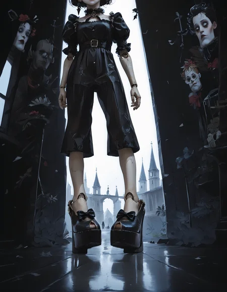 score_9, score_8_up, score_7_up, score_6_up, score_5_up, score_4_up,
1girl, solo, goth, black dress, black hair, 
doll, ball joints, long legs, expressionless, empty eyes, white eyes,
dangling arms, dangling legs, hanging from waist,
indoors, school, 
(from below), (from side:1.25), foot focus,
(wide angle:1.2), (fisheye lens:1.5), (foreshortening:1.3),
night, dark, dark background, Low-key lighting,
light particles,
(r3w1nd heels:1.2), (platform footwear:1.4),
dontstarvestyle, blank eyes,
embedding:zPDXL2 ,