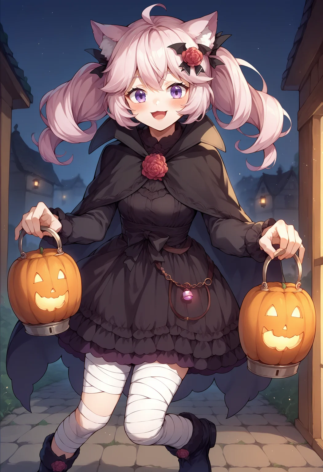score_9, score_8_up, source_anime, 1girl, solo, NyannersHalloween, cat ears, cat tail, twintails, hair flower, black dress, lantern, black capelet, bandaged leg, boots, outdoors, holding pumpkin, smile, blush, open mouth, <lora:ChamNyatashaNyannersPonyXL:1>