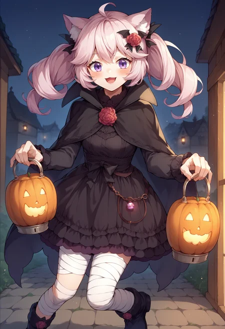 score_9, score_8_up, source_anime, 1girl, solo, NyannersHalloween, cat ears, cat tail, twintails, hair flower, black dress, lantern, black capelet, bandaged leg, boots, outdoors, holding pumpkin, smile, blush, open mouth, <lora:ChamNyatashaNyannersPonyXL:1>