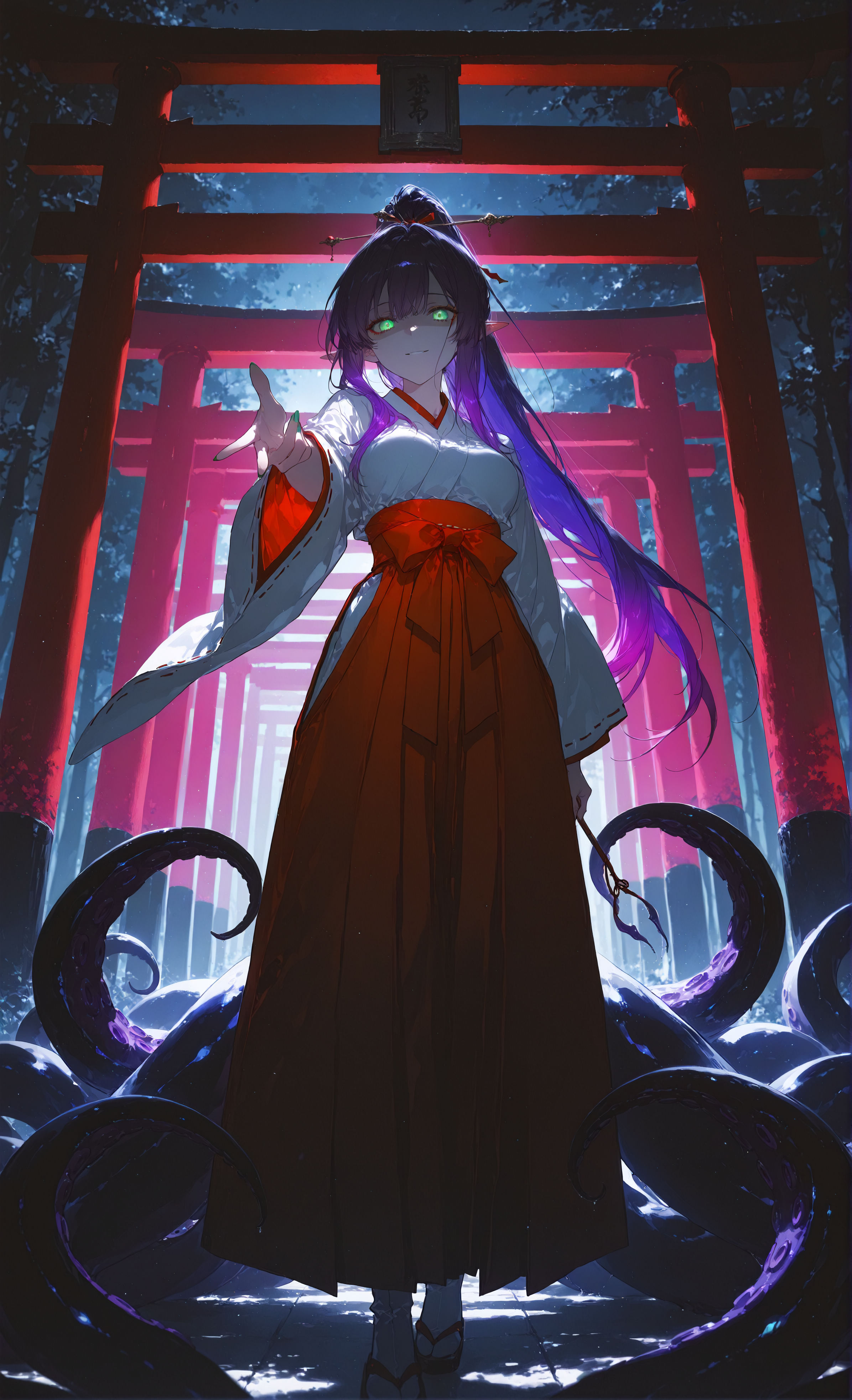 masterpiece, sharp detail, intricate detail, 1girl, (rella, konya karasue), glowing eyes, shaded face, soft smile, medium breasts, high ponytail, (dark deep purple upper hair), gradient hair, red eyeliner, (green tips), long hair, pointy ears, vivid green eyes, scylla, monster girl, 4 thin long purple tentacles growing from back, miko, long sleeves, outstretched hand, reaching out, inviting gesture, extended arm, perspective hand, reaching towards viewer, slightly off-center character, welcoming stance, immersive perspective, engaging pose
  BREAK torii, Lots of torii gates, Eerie, BREAK backlighting,  partially illuminated face, chiaroscuro, volumetric lighting, dappled light, dramatic shadows, cinematic lighting, detailed background, light and shadow contrast, <lora:aboba_prime_3:0.8>,