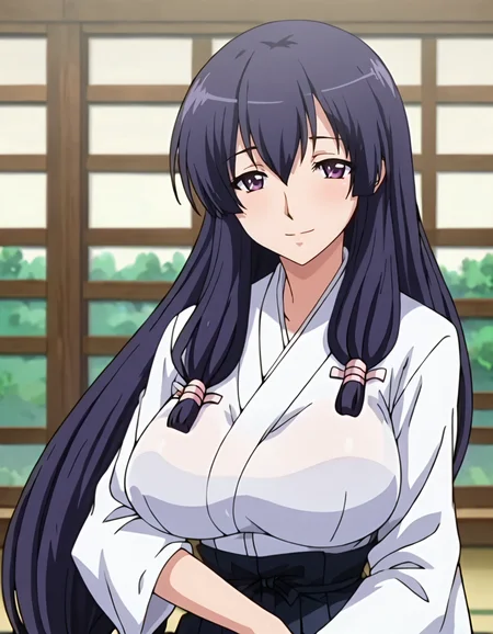 score_9,score_8_up,score_7_up,score_6_up,score_5_up,score_4_up,1girl, <lora:madoka terashima:0.8>,  madoka terashima,large breasts,very long hair,low ponytail,looking at viewer ,japanese clothes,hakama,black hakama skirt,upper body,smile,anime screencap,