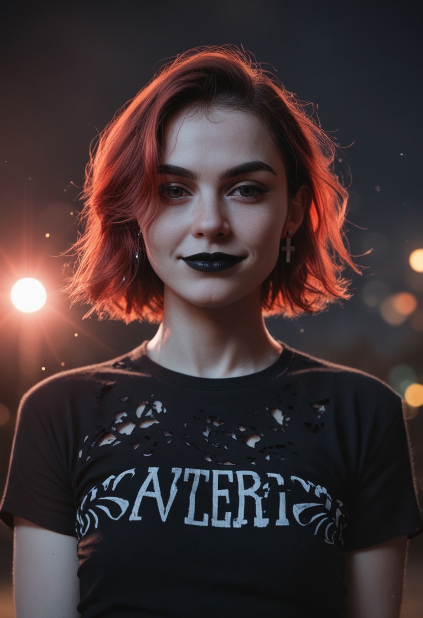 score_9, score_8_up, score_7_up, score_6_up, solo RAW photo, photorealistic, volumetric lighting, natural, close up shot, bokeh, (Masterpiece, Best Quality, Highres:1.2), best quality, absurdres, Cinematic Lighting,
BREAK 
<('1girl': ('Pretty Face'+'Manic Pixie'+'23 years old'+'goth'+'carefree'+'looking at viewer'+'red hair'+'short hair'+'smirk'+'black torn T-shirt'+'black lipstick'+'silver inverted cross earrings'+'spiked chocker'))>,