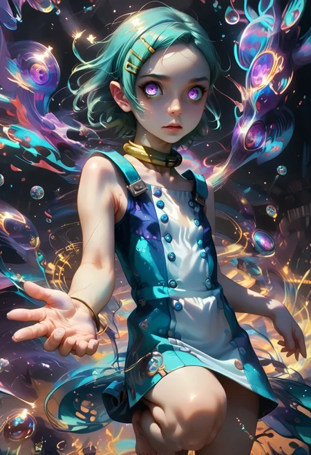 eureka,(aqua hair:1.1),forehead, score_9, score_8_up, score_7_up, score_6_up, score_5_up, (aged_down:1.5), tiny nose, small nose, (barefoot:1.2), (flying, floating:1.1), (dot_nose:1.3), (realistic:1.3), 1girl, hair ornament, hairclip, collar, choker, neck ring, swirls, colorful, glowing,yellow collar,short white pencil dress, sleeveless, dancing, purple iris, (armpits:0.9),