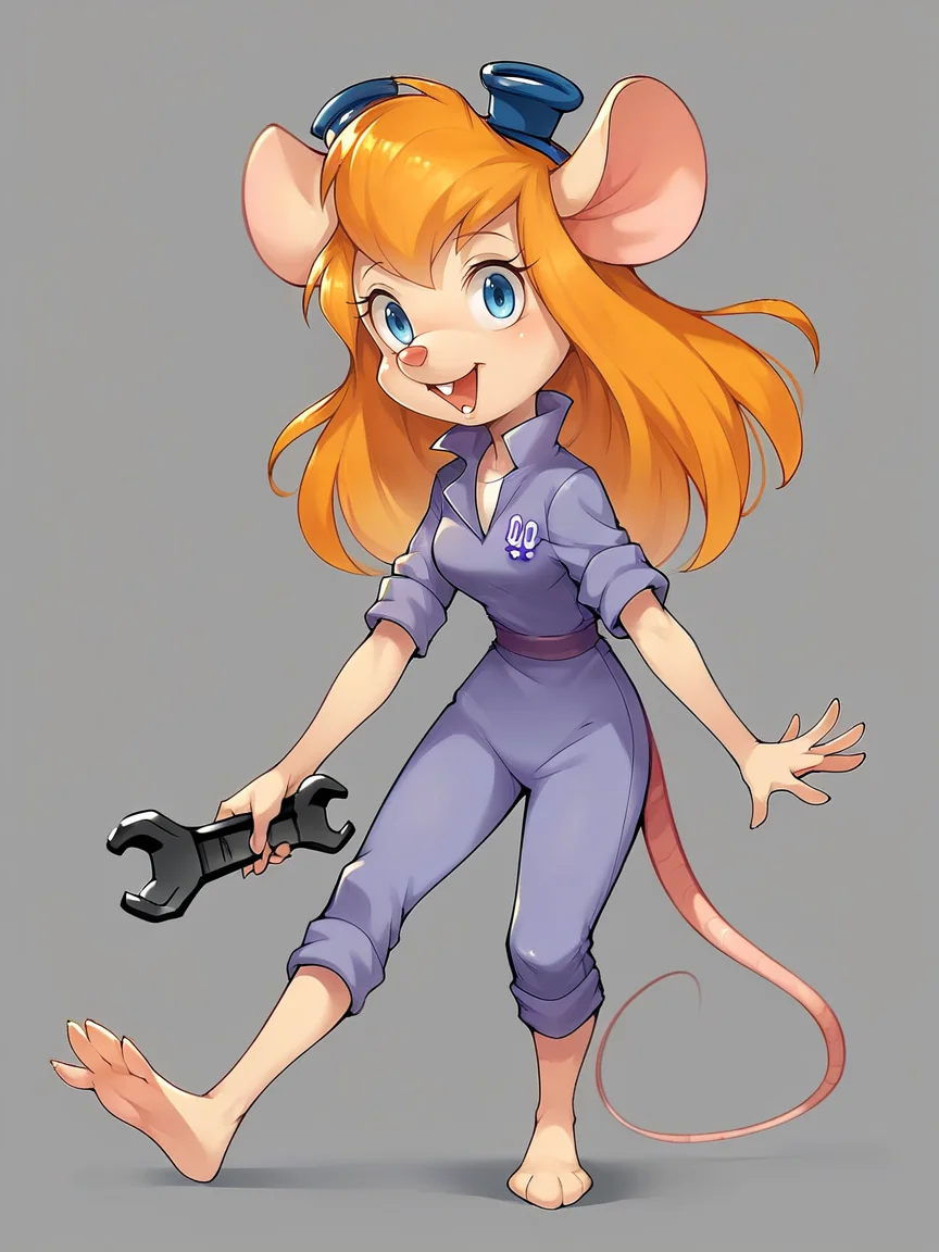score_9, score_8_up, score_7_up, score_6_up, score_5_up, <lora:gadgetXLP:1> gadget, 1girl, solo, long hair, mouse tail, mouse ears, blue eyes, furry, buck teeth, orange hair, wrench, barefoot,