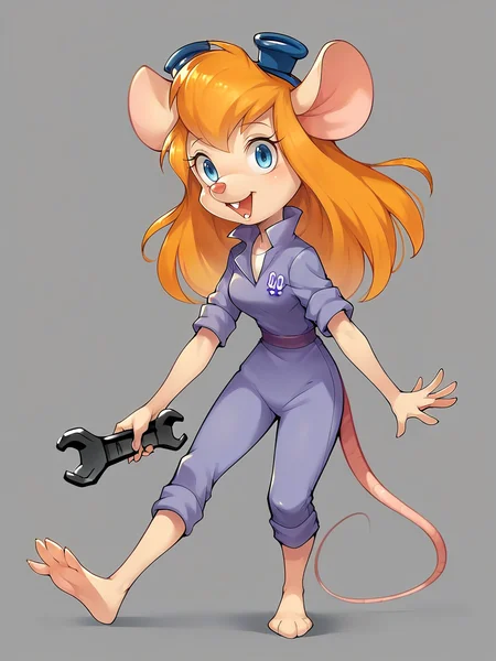 score_9, score_8_up, score_7_up, score_6_up, score_5_up, <lora:gadgetXLP:1> gadget, 1girl, solo, long hair, mouse tail, mouse ears, blue eyes, furry, buck teeth, orange hair, wrench, barefoot,