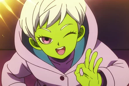 source_anime, score_9, score_8_up, score_7_up, anime screencap, absurdres,
cheelai, 1girl, solo, looking at viewer, smile, short hair, open mouth, purple eyes, white hair, one eye closed, eyelashes, colored skin, green skin, ;d, ok sign, coat, buttons, purple shirt, undershirt, hood down, hand in pocket, dappled sunlight, from above
<lora:cheelai_pony_v1:0.8>