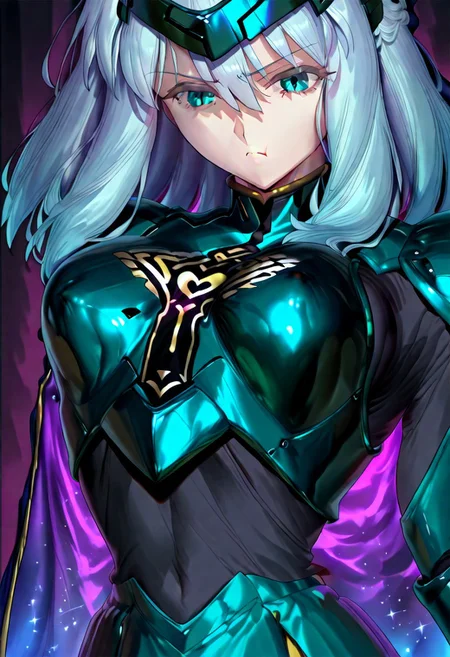 score_9, score_8_up, score_7_up, ((solo)), calm, pout, closed mouth, 1girl, solo, (medium breasts, thin waist, wide hips), peaceful, closed mouth, adult, (((eirika face))), (((cyan hair, cyan eyes))), ((long hair, hair between eyes)), (((indigo cape, metal headband, green metal_uniform, metal breast_armor))), no background, dark background, cowboy shot, dark background, portrait, Expressiveh,
