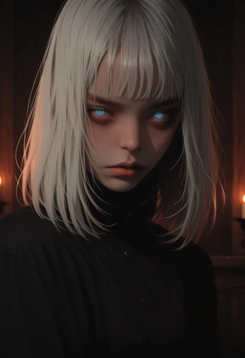 masterpiece, best quality, very aesthetic, absurdres, safe, masterpiece, best quality,high quality, newest, highres, absurdres,(4ur4_illu),shiny, <lora:Aura_illu:1.5>, ((1woman)), profile view, looking down, head down, shadowed silhouette, dark silhouette, dark, dark background, stained window, dim lighting, short white hair, no pupils, ((flaming blue eyes)), (face view, face focus), serious face, dark red lights, red and blue spot color, obscurity, <lora:8fedbd2b-5858-4f2f-b150-f515ca563a9f:0.5>, <lora:b5658bed-b099-4bb6-b445-3c03b176205a:0.5>, <lora:30cb5c5e-b1f3-47ba-844b-609d7600d14e:0.7>, <lora:3c09207c-af0e-4528-95c6-694bb1e127d3:0.7>