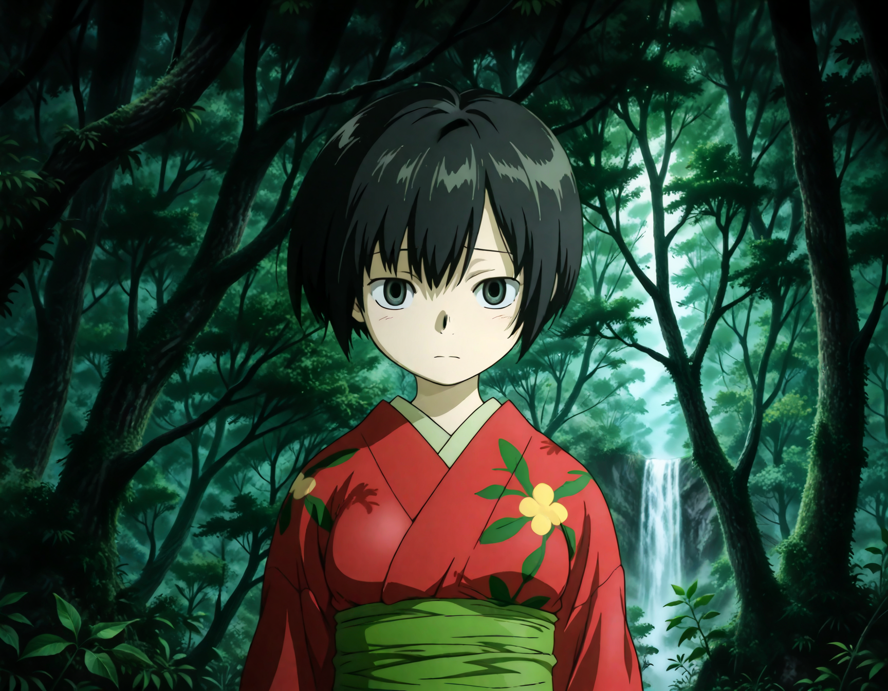 (1girl, solo:1.3), (2girls, 3girls, 4girls, multiple girls, 2boys, 3boys, 4boys, multiple boys:-1.5) <lora:Ioroi_Renzu_Mushi-shi_Illustrious:0.9>, ioroi_renzu, medium breasts, grey eyes, green eyes, black hair, short hair, bob cut, bangs, hair between eyes, japanese clothes, kimono, red kimono, obi, green obi, sandals shy, open eyes, general, contrapposto, dynamic pose, , upper body, straight-on, pov, dutch angle, outdoors, forest, japanese forest, japanese shrine, (torii:-1.0), ancient forest, dense foliage, mossy trees, mist, eerie silence, no people, overgrown, primeval, twilight lighting, mystical, waterfall, A vast, untouched forest frozen in time, where ancient, towering trees with thick, moss-covered trunks rise from a ground layered with centuries of decaying leaves and soft green undergrowth. Twisted roots snake across damp soil, and the air hangs heavy with mist and silence. Shafts of pale light struggle to pierce the dense canopy, casting a faint glow on the shadowy floor below. Ferns and strange fungi thrive in the perpetual twilight, and no sign of human presence disturbs the eerie stillness. The atmosphere feels sacred, as if the forest itself is watching. A green forest with tall trees and dense foliage, an abstract depiction of a tranquil forest scene, where the towering trees create a serene, mystical atmosphere. The forest floor is covered with rich greenery, and the soft natural light filters gently through the leaves, subtly illuminating the scene without overpowering the natural beauty of the surroundings. afternoon, fog, , perspective, evening, , from behind, (close-up:1.3), (light leaks, light rays:1.1), <lora:NOOB_EPSv1_1_detailer_by_vlnvk_v1_0:1.5>, (photo background:0.7), night, (tachibana yuu:0.6), inue shinsuke, (kazuma muramasa:0.0), saikawa yusa, (aoi manabu:0.6), abarerumidori, (suzui narumi:0.6), masterpiece, newest, absurdres, 8K, anime screenshot, anime coloring, flat color, official art, film grain, <lora:illustriousXLv01_stabilizer_v1.185c:0.7>, <lora:LECO_Solo:-4.0>,