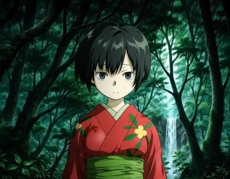 (1girl, solo:1.3), (2girls, 3girls, 4girls, multiple girls, 2boys, 3boys, 4boys, multiple boys:-1.5) <lora:Ioroi_Renzu_Mushi-shi_Illustrious:0.9>, ioroi_renzu, medium breasts, grey eyes, green eyes, black hair, short hair, bob cut, bangs, hair between eyes, japanese clothes, kimono, red kimono, obi, green obi, sandals shy, open eyes, general, contrapposto, dynamic pose, , upper body, straight-on, pov, dutch angle, outdoors, forest, japanese forest, japanese shrine, (torii:-1.0), ancient forest, dense foliage, mossy trees, mist, eerie silence, no people, overgrown, primeval, twilight lighting, mystical, waterfall, A vast, untouched forest frozen in time, where ancient, towering trees with thick, moss-covered trunks rise from a ground layered with centuries of decaying leaves and soft green undergrowth. Twisted roots snake across damp soil, and the air hangs heavy with mist and silence. Shafts of pale light struggle to pierce the dense canopy, casting a faint glow on the shadowy floor below. Ferns and strange fungi thrive in the perpetual twilight, and no sign of human presence disturbs the eerie stillness. The atmosphere feels sacred, as if the forest itself is watching. A green forest with tall trees and dense foliage, an abstract depiction of a tranquil forest scene, where the towering trees create a serene, mystical atmosphere. The forest floor is covered with rich greenery, and the soft natural light filters gently through the leaves, subtly illuminating the scene without overpowering the natural beauty of the surroundings. afternoon, fog, , perspective, evening, , from behind, (close-up:1.3), (light leaks, light rays:1.1), <lora:NOOB_EPSv1_1_detailer_by_vlnvk_v1_0:1.5>, (photo background:0.7), night, (tachibana yuu:0.6), inue shinsuke, (kazuma muramasa:0.0), saikawa yusa, (aoi manabu:0.6), abarerumidori, (suzui narumi:0.6), masterpiece, newest, absurdres, 8K, anime screenshot, anime coloring, flat color, official art, film grain, <lora:illustriousXLv01_stabilizer_v1.185c:0.7>, <lora:LECO_Solo:-4.0>,