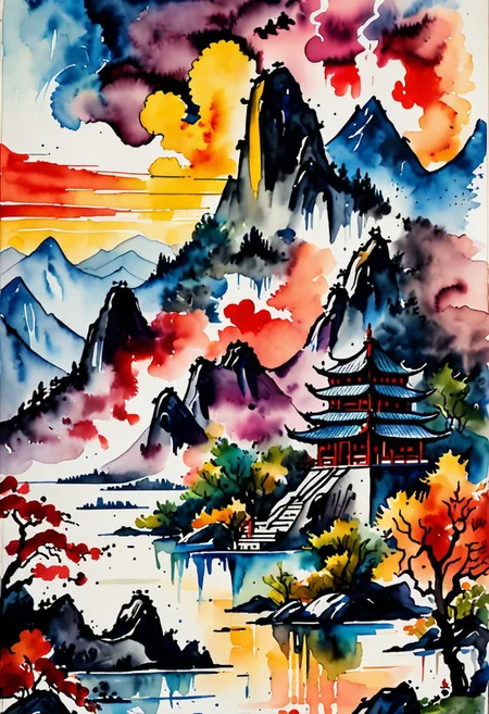 score_9, score_8_up, score_8_up, ((Cinematic composition)),((masterpiece)), (resplendent lighting), absurdres, very fine detail, 8k. Deep rich colours. Chinese watercolours and ink. 
a traditional Chinese landscape with mountains, a lake, stormy skies, pine trees and alien spaceships landing, invasion forces, sunset through the clouds, modern art. 
<lora:sdxl_lightning_8step_lora.safetensors:1.0>, <lora:add detail xl.safetensors:1.5>