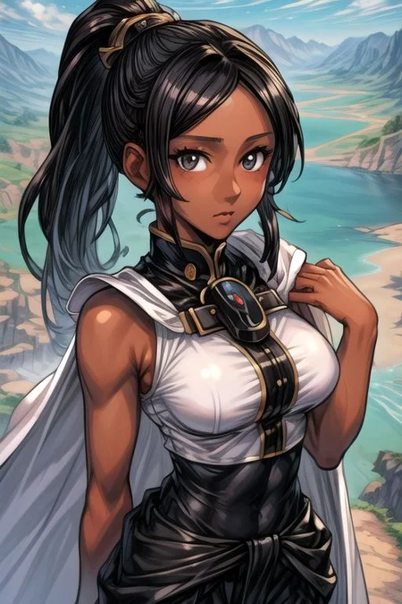 (best quality) , (highly detailed) ,masterpiece ,absurdres ,detailed face ,beautiful face ,(detailed eyes, deep eyes, anime eyes) ,1girl , solo, upper body, slight smile,
Standing with hands on the waist,
narvi_bb, ponytail, black eyes, black hair, dark-skinned female, dark skin, long hair, hair ornament, sleeveless, black baggy pants, white army boots, <lora:narvi_bb-10:0.75>, Cape
