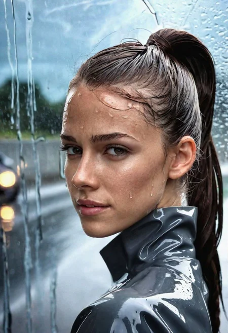 Fashion, professional, asphalt, concrete wall, clouds, rain, close-up, jp-Elle-2325, wetshirt, reflections, looking at viewer, eye contact, shadows, 21-year-old, ponytail, dark hair, mysterious, smirk