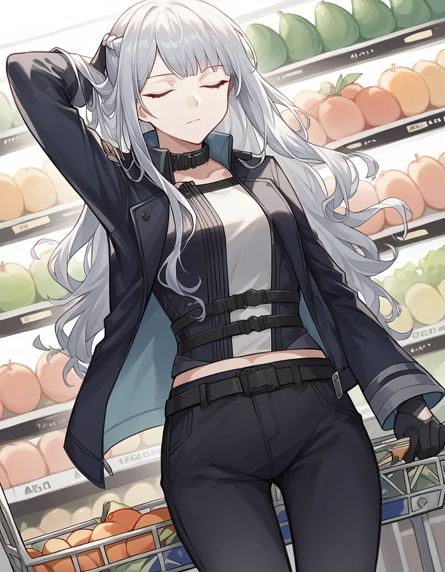 score_9, score_8_up, score_7_up, source_anime, <lora:girlsfrontline-ak-12-ponyxl-lora-nochekaiser:1>, ak-12, ak-12 (girl's frontline), closed eyes, grey hair, long hair, bangs, pale skin, straight hair, curly hair, braid, french braid, sidelocks,, belt, black gloves, black jacket, black pants, collar, gloves, jacket, jacket on shoulders, long sleeves, open clothes, open jacket, pants, underbust,, grocery store, shopping cart, picking fruits, everyday life, , , hand behind head, , looking at viewer, solo,, dutch angle, cowboy shot