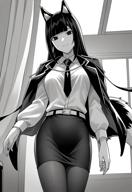 score_9, score_8_up, score_7_up, source_anime,
BREAK
1girl, solo,
<lora:shiBelialV1:1>,
shiBelialADRIAN, greyscale, monochrome,
black hair, black eyes,
long hair, fox ears, blunt bangs, fox tail, medium breasts,
collared shirt, necktie, shiny clothes,
black jacket, jacket on shoulders, long sleeves, belt,
pantyhose, black skirt, pencil skirt,
looking at viewer, smile, indoors,