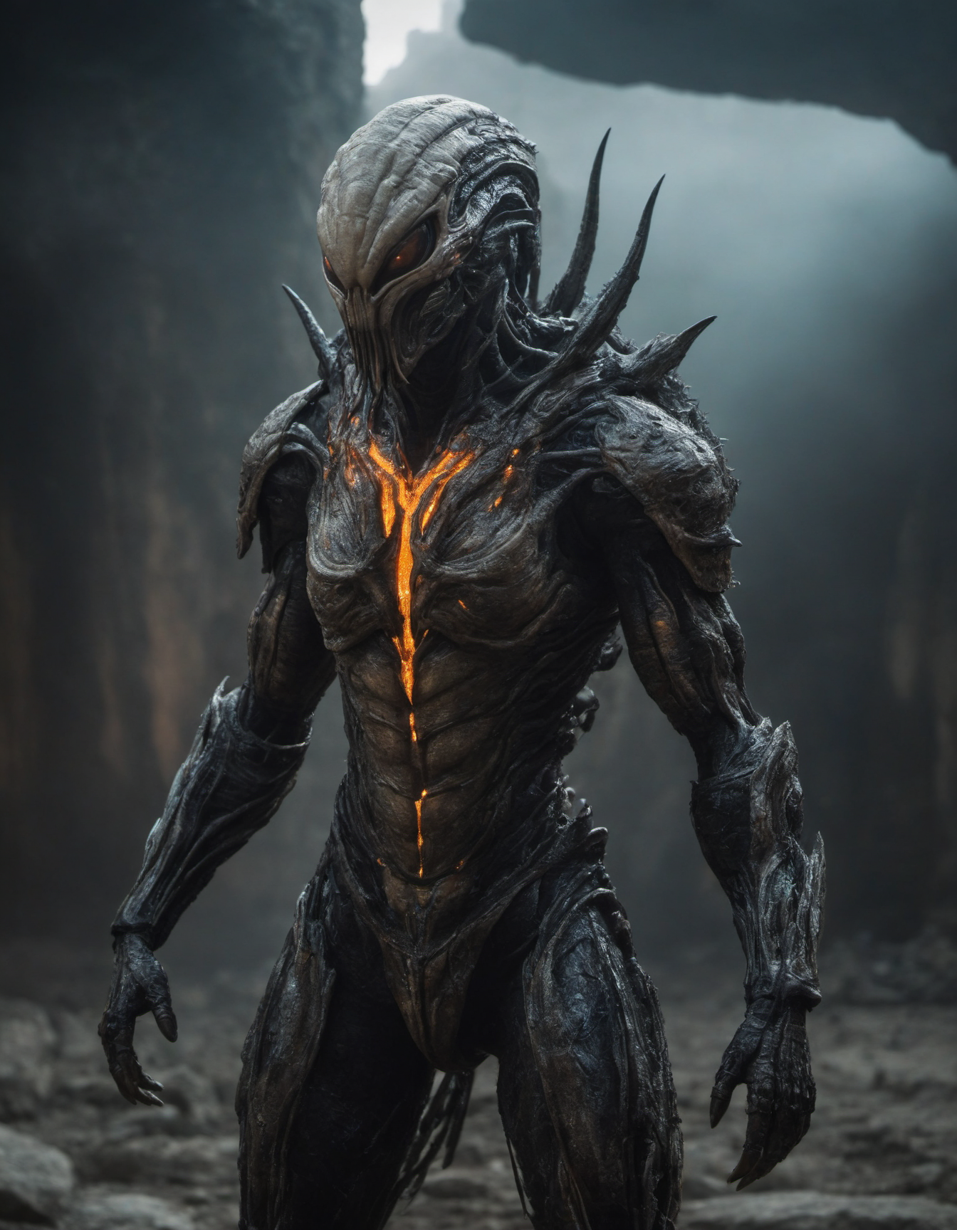 intricate cinematic movie still of a horrific male alien beast with bio-metallic armor extensions, bioluminescent circuits, (extremely detailed pale moistened skin with visible respiratory pores:1.2), excessively wrinkled, cone shaped head, angry expression, long sharp metallic fangs, powerful claws,    
extremely high quality RAW photograph, exquisite details and textures, highly detailed, ultra detailed photograph, dramatic cinematic lighting, 4k,
highest resolution, (bokeh:1.3), (best quality, masterpiece:1.3), ultra high res, 16k unity wallpaper, intricate details, highest detailed, sharp focus, extreme shadow-play, low key, backlit, (filmgrain:1.3)
dramatic full body shot, wide angle view, dynamic pose,
ancient ruins of Mars in the background,  dusty atmospheric haze, mesmerizing fog, dark pastel colors, black and orange hue, 
in the style of Nicola Samori
 <lora:add-detail-xl:0.8> <lora:epi_noiseoffset2:0.5>  <lora:NicolaSamori:0.7>