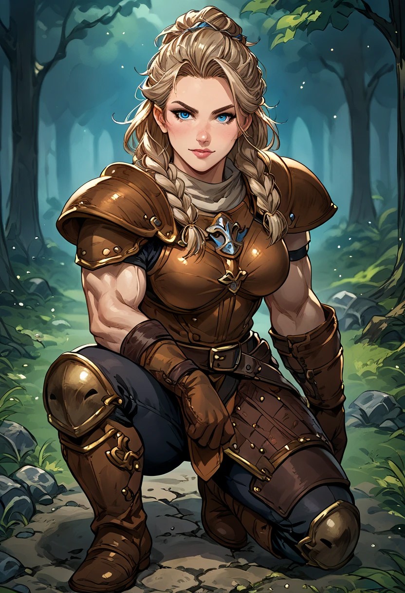 (score_9, score_8_up, score_7_up, source_anime, embedding:zPDXL, 1woman), solo, leather armor, dwarf, shortstack, mature, muscular, muscles, thick arms, broad shoulders, medium hair, light brown hair, braids, blue eyes, leather gloves, leather boots, outdoors, pants, kneeling on one knee, night time, dark forest, cgi, full body shot, Expressiveh, gbfpxnl, <lora:granblue_fantasy_v2:0.45>, <lora:Expressive_H:1>, negative_hand