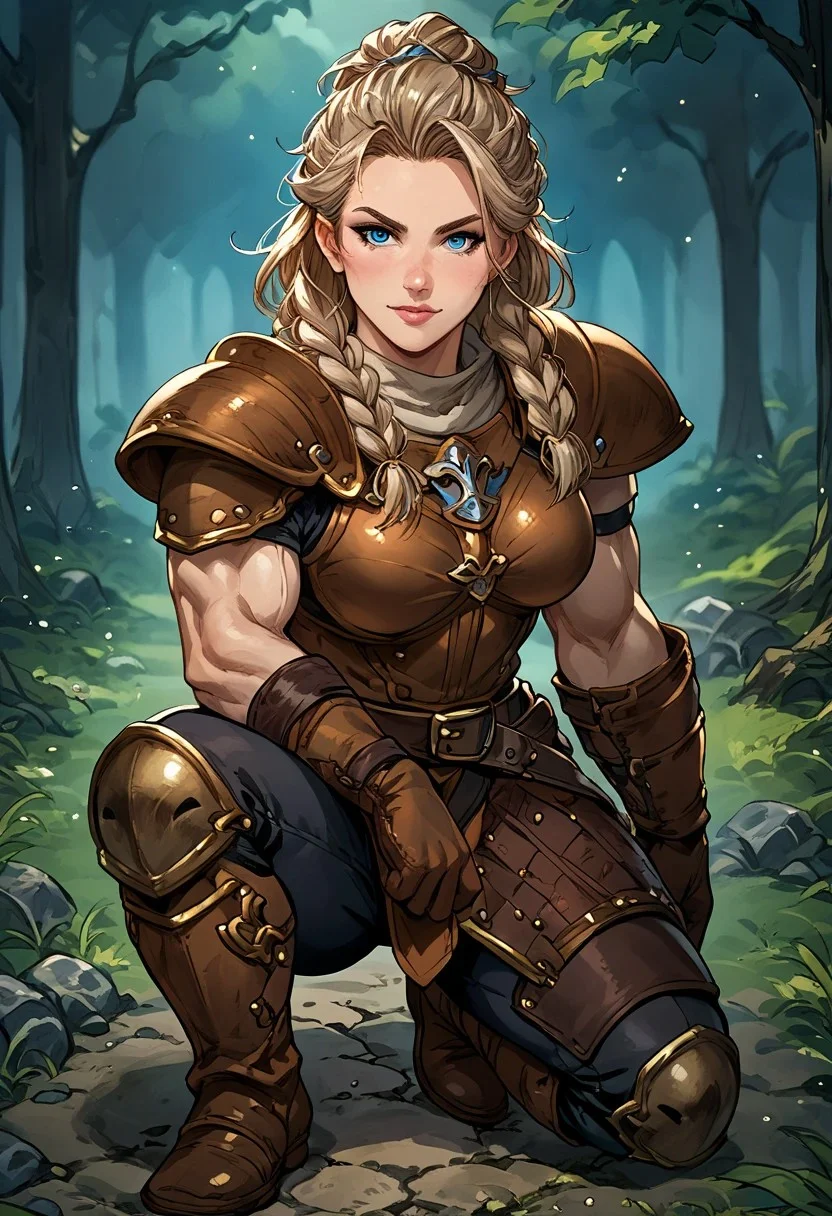 (score_9, score_8_up, score_7_up, source_anime, embedding:zPDXL, 1woman), solo, leather armor, dwarf, shortstack, mature, muscular, muscles, thick arms, broad shoulders, medium hair, light brown hair, braids, blue eyes, leather gloves, leather boots, outdoors, pants, kneeling on one knee, night time, dark forest, cgi, full body shot, Expressiveh, gbfpxnl, <lora:granblue_fantasy_v2:0.45>, <lora:Expressive_H:1>, negative_hand