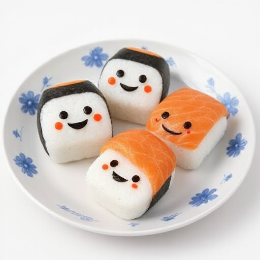 A plate of three nigiri sushi emojis, with one piece of nigiri bitten into, revealing the delicate layers of vinegared rice and fresh fish. The nigiri emojis are with faces made of food, pieces are carefully crafted with slices of tuna, salmon, and eel, each topped with a small dab of wasabi. The bitten piece shows the soft, glistening fish and the slightly sticky rice, with the bite mark perfectly visible. The plate is a traditional Japanese porcelain, featuring subtle, elegant blue floral patterns around the edges, with a smooth, glossy finish that enhances the vibrant colors of the sushi. The overall presentation is simple yet refined, emphasizing the freshness and craftsmanship of the nigiri.
Ensure the depiction is natural and pays close attention to accurate textures and lighting throughout the scene), intricate hand-painted details, ultra-realistic textures, award-winning craftsmanship || studio rim lighting, vivid yet tense colors, UHD resolution, rich details, award winning, impactant image, dramatic pose