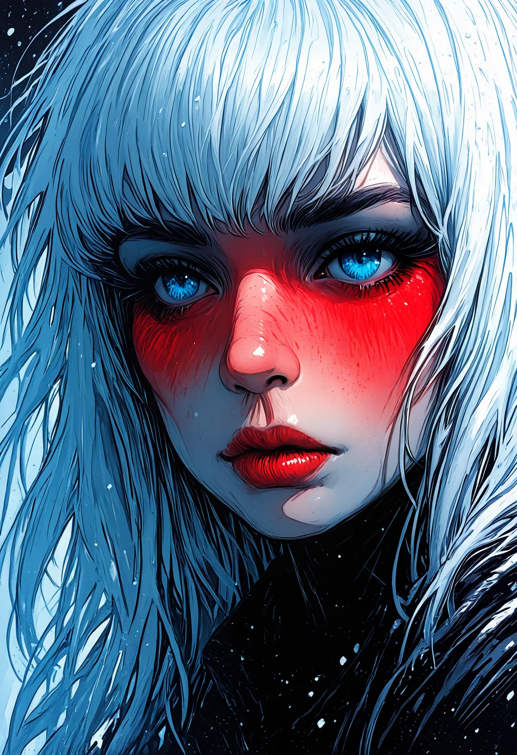 masterpiece, best quality, good quality, very awa, very aesthetic, absurdres, newest, 1girl, solo, blue_eyes, white_hair, parted_lips, eyelashes, lips, portrait, close-up, snowing, nose, realistic, red_lips, looking_ahead, looking_afar, ink drawing, opill, gr4ph1t3,