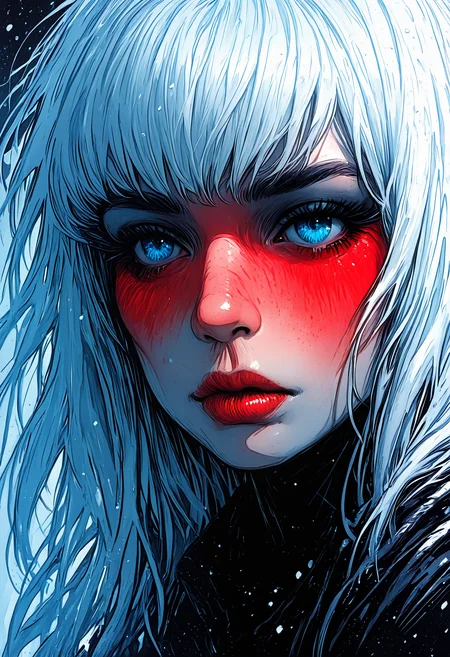 masterpiece, best quality, good quality, very awa, very aesthetic, absurdres, newest, 1girl, solo, blue_eyes, white_hair, parted_lips, eyelashes, lips, portrait, close-up, snowing, nose, realistic, red_lips, looking_ahead, looking_afar, ink drawing, opill, gr4ph1t3,