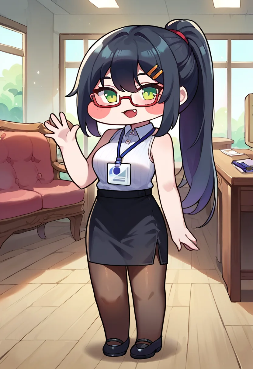 score_9,score_8_up,score_7_up,source_anime,zPDXL3,
*//*,<lora:Trickal_Revive-Pony:1>,1girl, green eyes, black hair, skirt, pantyhose, long hair, solo, glasses, chibi, sweater, sleeveless sweater, ponytail, id card, blush stickers, black skirt, fang, waving, hair ornament, chair, looking at viewer, breasts, lanyard, smile, pencil skirt, open mouth, indoors, black footwear, bangs, hair between eyes, full body