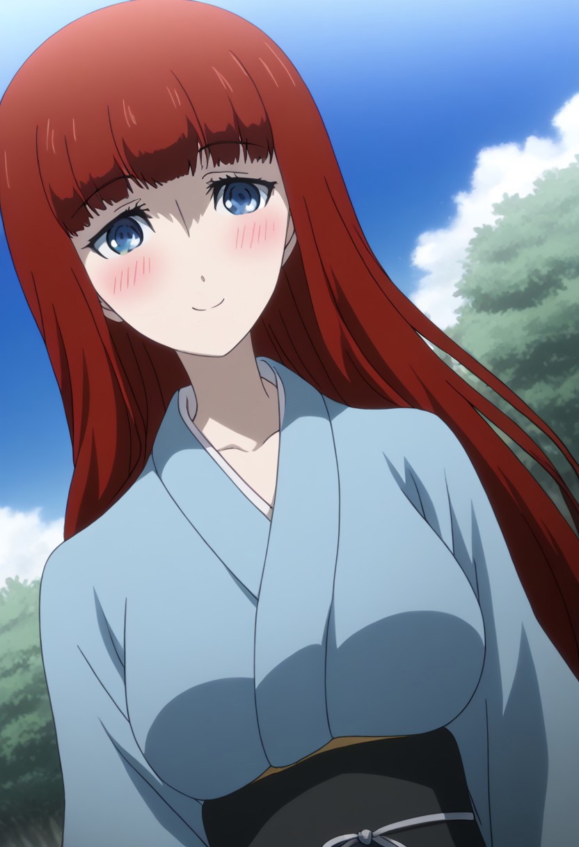 rating_safe, Ultra-high-detailed Anime illustration of Kagari Shiina from Anime Steins;Gate 0. The artwork features Kagari in a solo, standing position with a outdoors, flield and background, background in the sky. night time. night.
She is depicted with intricate details showcasing her large breasts, natural_breasts. She is a white skinned, 22 years old woman. Kagari is looking_at_viewer with perfect_eyes, Her pupils are highly detailed. The eyes are open. blue eyes. Kagari's eyes are highlighted. Highlighted eyevrows. 
She has long hair, red colored hair, styled in blunt bangs and floating hair.
She is wearing a blue kimono and black shoes. japanese kimono, kimono.
The artistic style is intricate_details_xl with a focus on Anime art. The color palette emphasizes red and black with detailed strokes to bring out the character's features. The lighting creates dramatic shadows and highlights, adding depth to the artwork. The perspective is from a face focus, dutch angle to enhance the impact of the character's expression. This masterpiece is a true portrayal of Kagari's complex personality and will captivate any fan of Kagari. uncensored, upper body, blushing, smile, Kagari Shiina,
perfecteyes,
<lora:Steins_Gate:1>
kimono
happy new year!