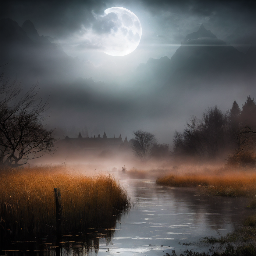 (masterpiece:1.2), (best quality,:1.2), 8k, HDR, ultra detailed, ((photorealistic)), professional light, cinematic lighting, fashion photography, ambient lighting, background, a dark and sinister river with lots of reeds, fog, moonlight, Darkness, <lora:Darkness-10:1>,  epiCPhoto,