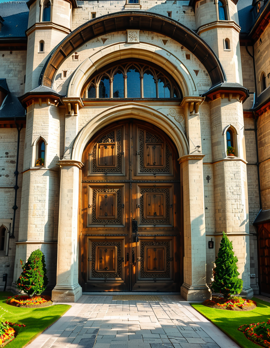 A highly detailed and realistic photograph of the massive entrance door of a medieval castle. The heavy wooden door is reinforced with large iron studs and intricate metalwork, set within a grand stone archway. The aged stone walls surrounding the entrance are weathered, covered in patches of moss and ivy, giving a sense of ancient history.
The cobblestone pathway leading to the door is slightly worn, with scattered fallen leaves and small tufts of grass growing between the stones. Above the entrance, a small, narrow window or arrow slit adds to the castleâs defensive design. The scene is illuminated by soft, natural light, casting shadows that highlight the textures of the stone and wood. The atmosphere is mysterious and majestic, evoking a sense of medieval grandeur.
<lora:SDXLFaeTastic2400:0.4> <lora:extremely_detailed:0.4> extremely detailed,  <lora:medieval_c4stl3_d00r:1>,medieval c4stl3 d00r, Masterpiece,best quality,hi res,8k,hi res,8k,award winning,(sharp focus, intricate, highly detailed),