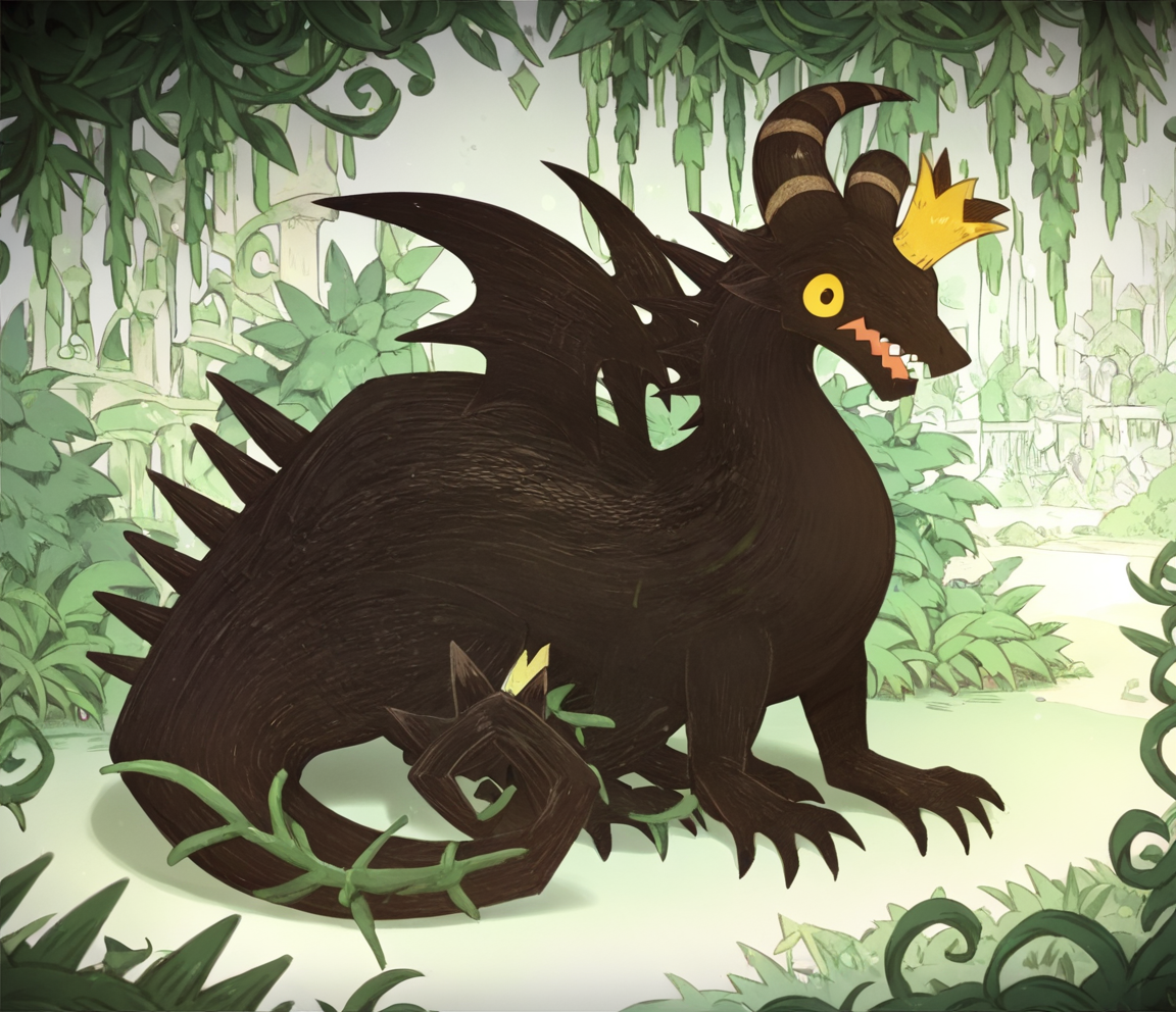 <lora:DragonKingPony1.0:1.0> Dragon, no humans, crown, sharp teeth, white background, solo, full body, horns, yellow eyes, teeth, dragon, spikes, broken horn score_9, score_8_up, score_7_up, score_6_up, score_5_up, score_4_up, outdoors, looking at viewer,