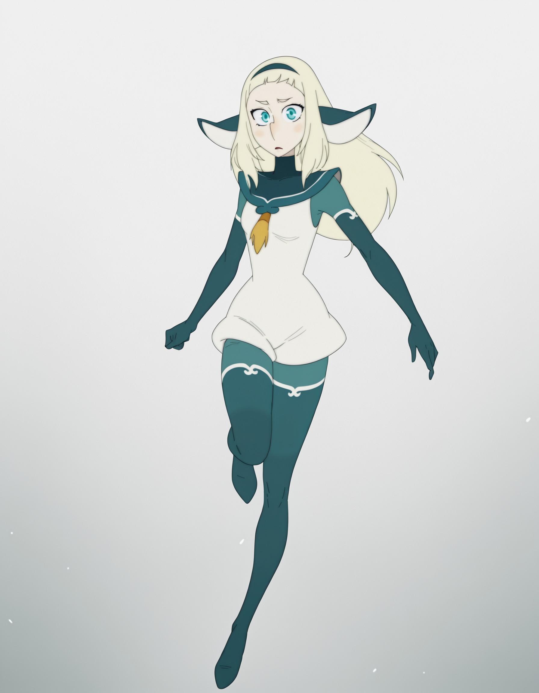 <lora:BakaraJurgenIllustrious1.0JLFO:1> bakara, 1girl, white hair, long hair, solo, animal ears, aqua eyes, bodysuit, hairband, elbow gloves,full body, looking at viewer,