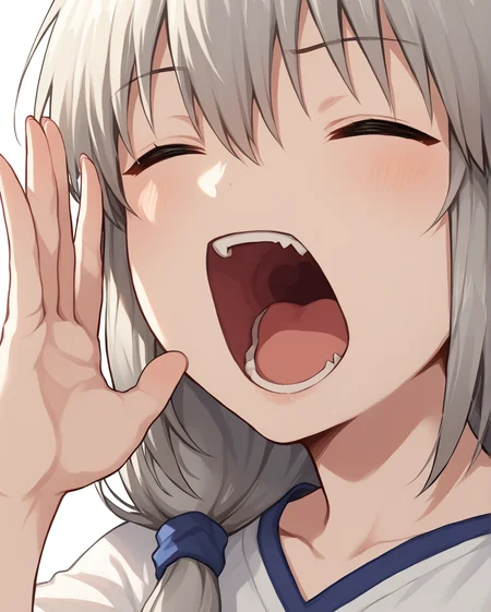 score_9, score_8_up, score_7_up, source_anime BREAK 1girl, solo, uzaki tsuki, uzaki-chan wa asobitai!, scrunchie, long hair, grey hair, closed eyes, hair between eyes, sidelocks, close up, one hand up, open mouth, <lora:Hand_up_calling_outshouting:1>, rating_questionable
