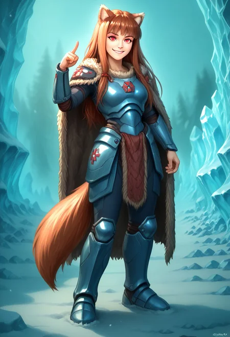 score_9, score_8_up, score_7_up, masterpiece, perfecteyes, holo, brown hair,long hair,red eyes, wolf girl,wolf ear,wolf tail, solo, , looking at the viewer, detailed background, wearing power armor, spcwlf, , proud smile, she feel pumped up and heroic, ice, snow, icy cavern, outdoors, fur cloak, holo in spcwlf armor, pointing at the viewer with one hand while her other hand in akimbo pose, she says "Afraid not citizen, holo protects", heroic pose, full body